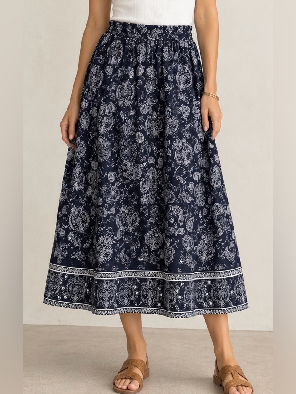 Country Store Cotton Blue Paisley Midi Skirt Medium Pull On Cottagecore Prairie